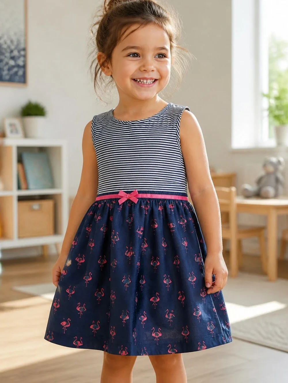 Carter's Toddler Girls Navy Blue Nautical Stripe Pink Flamingo Dress Size 4T